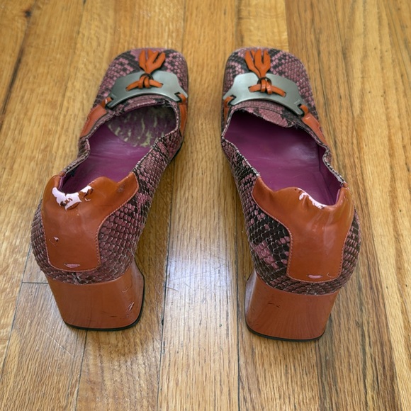 Prada Vintage Pink Python / Orange Patent Leather Square Toe Pumps / Size 37 - Picture 3 of 10